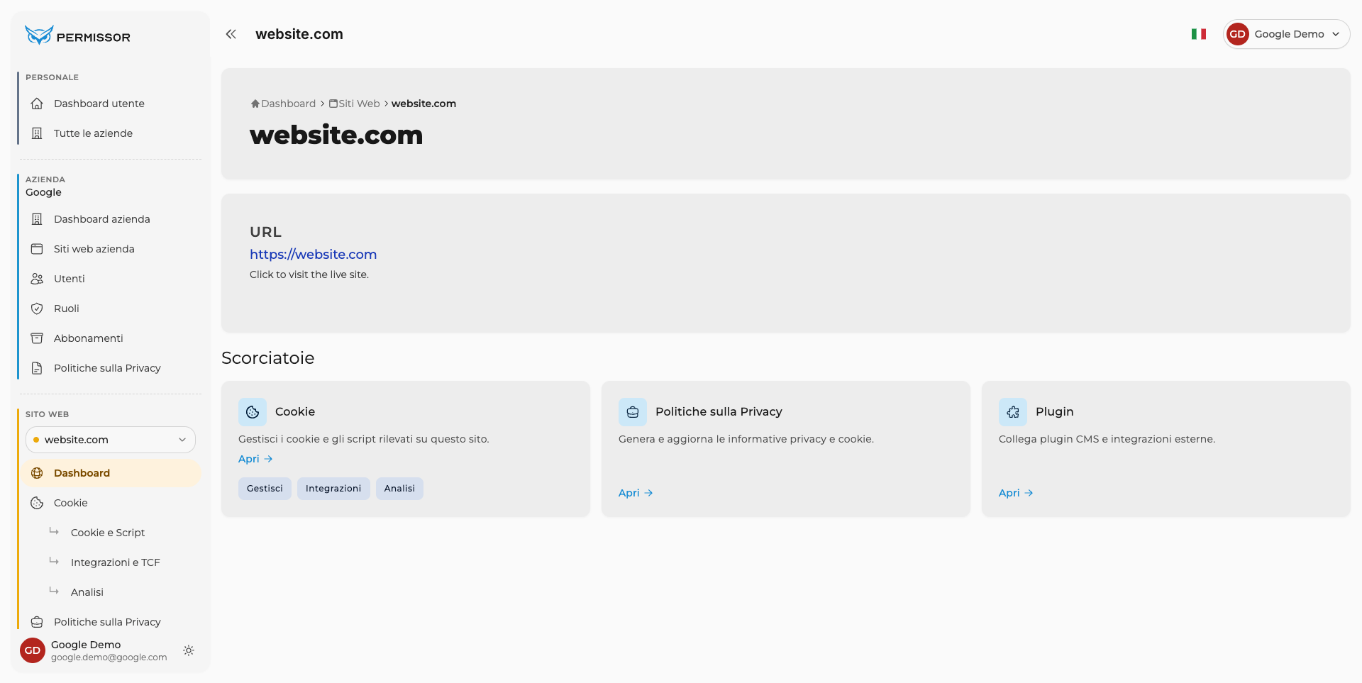 Dashboard del sito con la voce Integrazioni e TCF nella sidebar